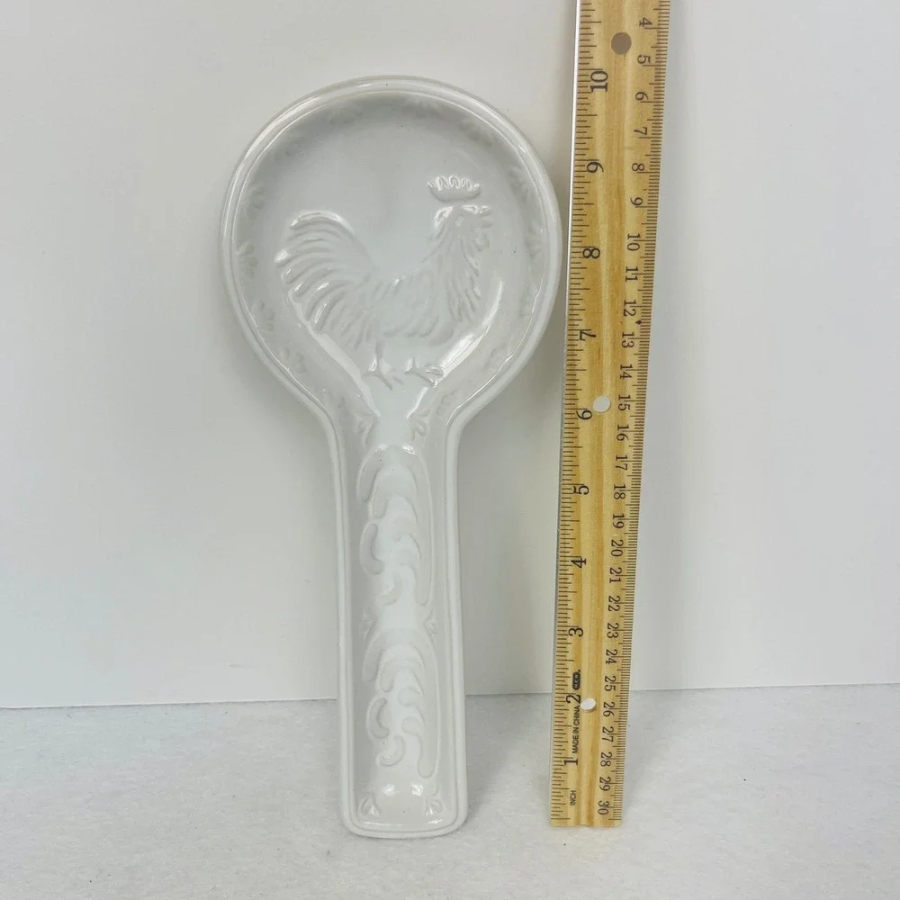 White Ceramic Rooster Spoon Rest Embossed Farmhouse Kitchen Decor 10 Inch